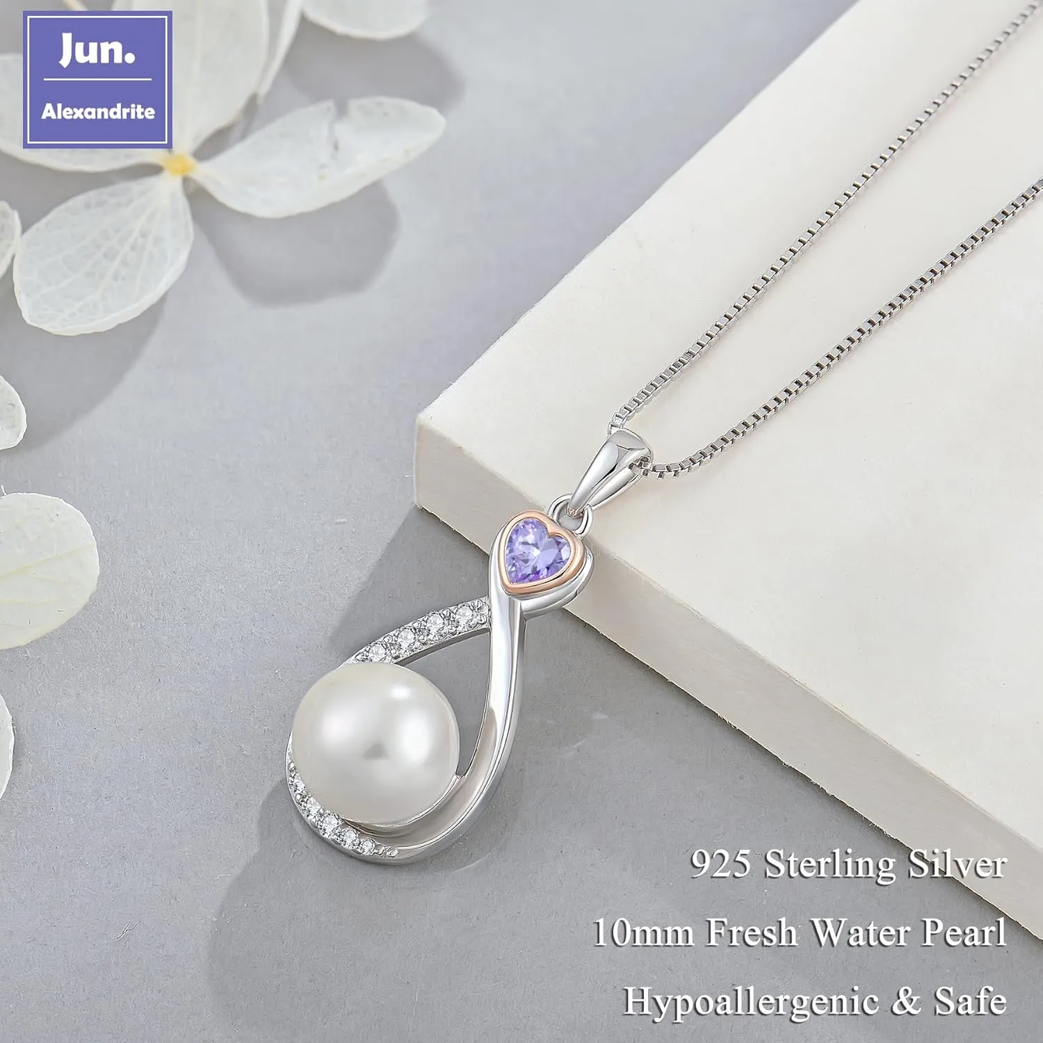 Heart Birthstone Pearl Pendant Necklace, 925 Sterling Silver Infinity Necklace with 10mm Freshwater Cultured Pearl & 4mm Gemstone Jewelry for Women
