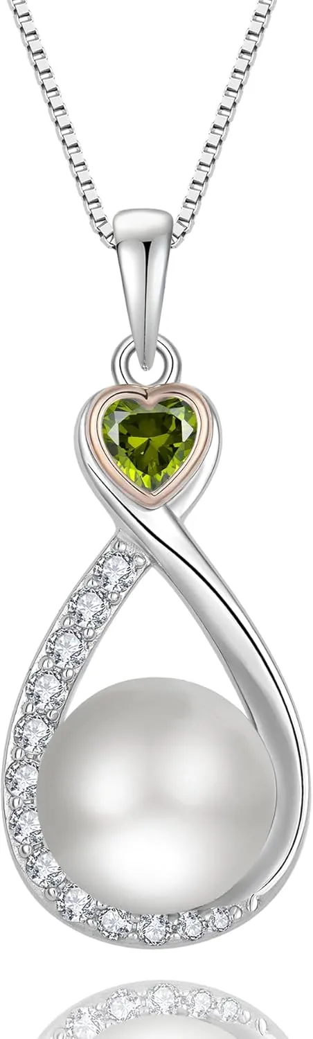 Heart Birthstone Pearl Pendant Necklace, 925 Sterling Silver Infinity Necklace with 10mm Freshwater Cultured Pearl & 4mm Gemstone Jewelry for Women