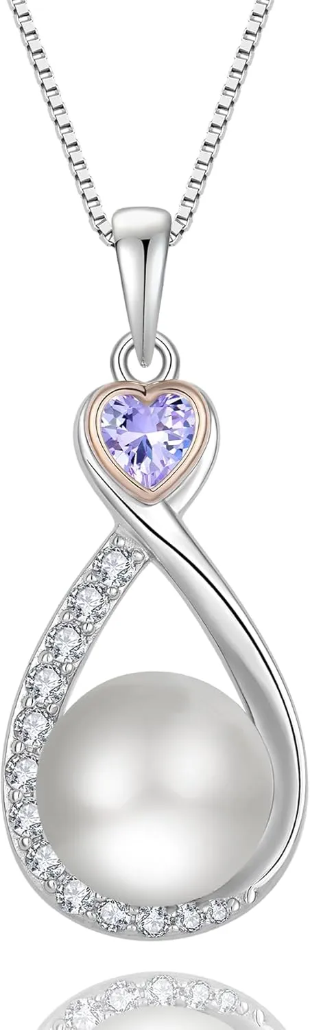 Heart Birthstone Pearl Pendant Necklace, 925 Sterling Silver Infinity Necklace with 10mm Freshwater Cultured Pearl & 4mm Gemstone Jewelry for Women