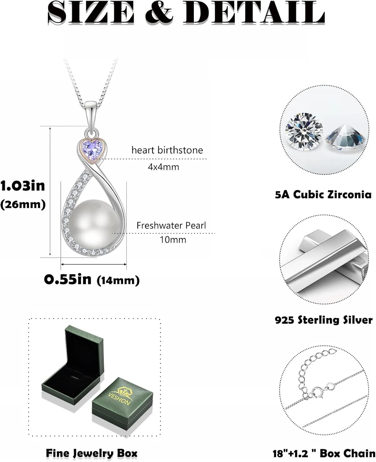 Heart Birthstone Pearl Pendant Necklace, 925 Sterling Silver Infinity Necklace with 10mm Freshwater Cultured Pearl & 4mm Gemstone Jewelry for Women