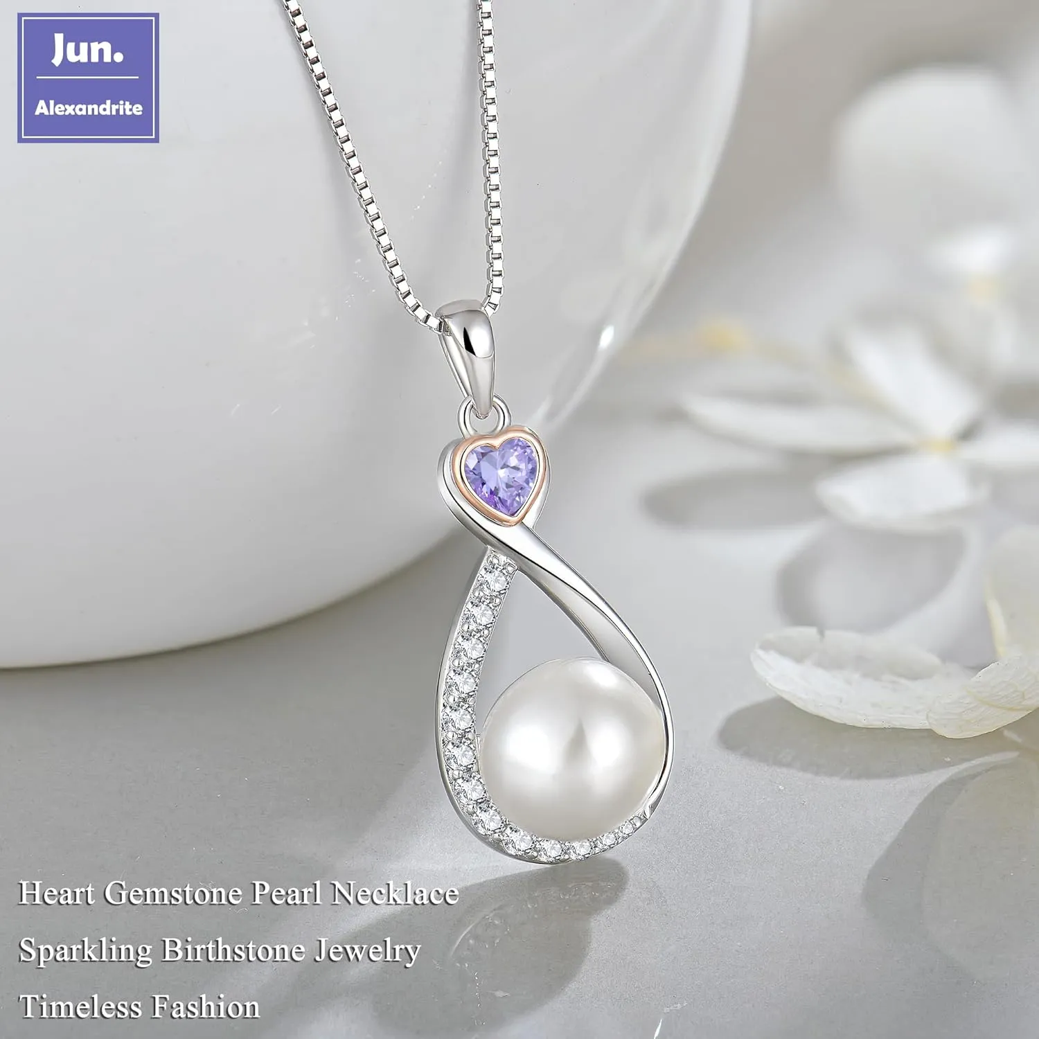 Heart Birthstone Pearl Pendant Necklace, 925 Sterling Silver Infinity Necklace with 10mm Freshwater Cultured Pearl & 4mm Gemstone Jewelry for Women