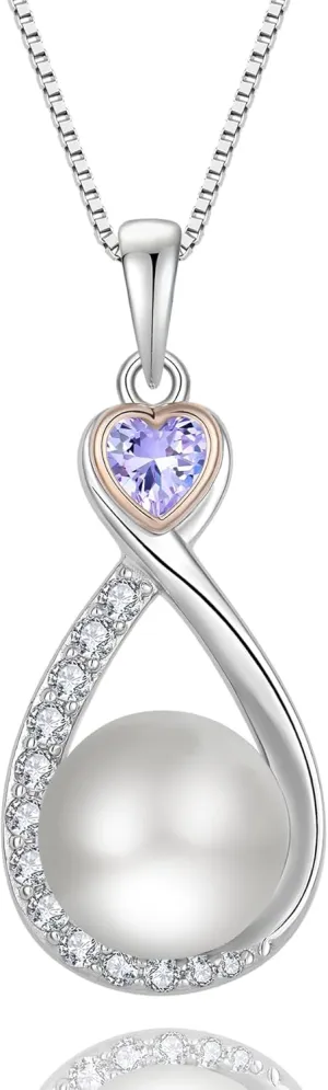 Heart Birthstone Pearl Pendant Necklace, 925 Sterling Silver Infinity Necklace with 10mm Freshwater Cultured Pearl & 4mm Gemstone Jewelry for Women