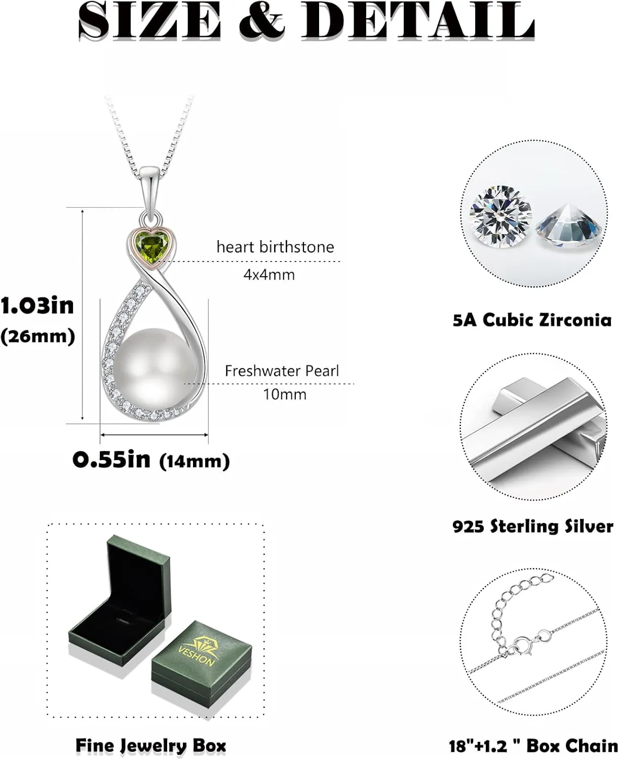 Heart Birthstone Pearl Pendant Necklace, 925 Sterling Silver Infinity Necklace with 10mm Freshwater Cultured Pearl & 4mm Gemstone Jewelry for Women