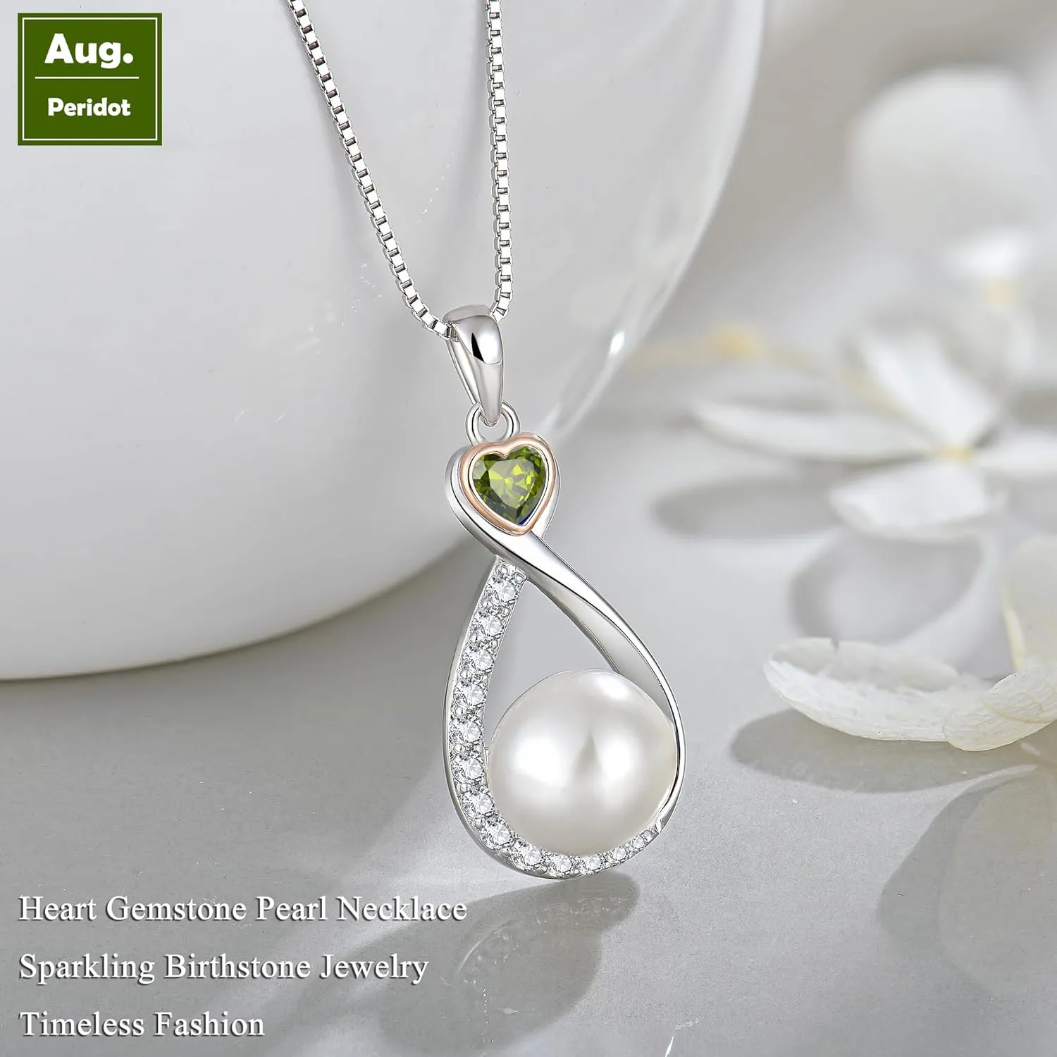 Heart Birthstone Pearl Pendant Necklace, 925 Sterling Silver Infinity Necklace with 10mm Freshwater Cultured Pearl & 4mm Gemstone Jewelry for Women