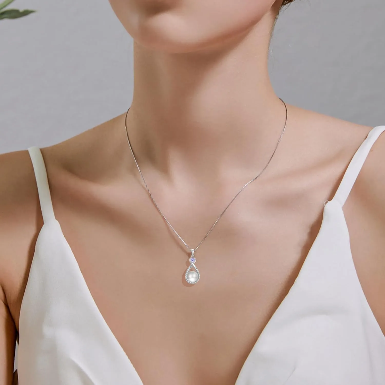 Heart Birthstone Pearl Pendant Necklace, 925 Sterling Silver Infinity Necklace with 10mm Freshwater Cultured Pearl & 4mm Gemstone Jewelry for Women