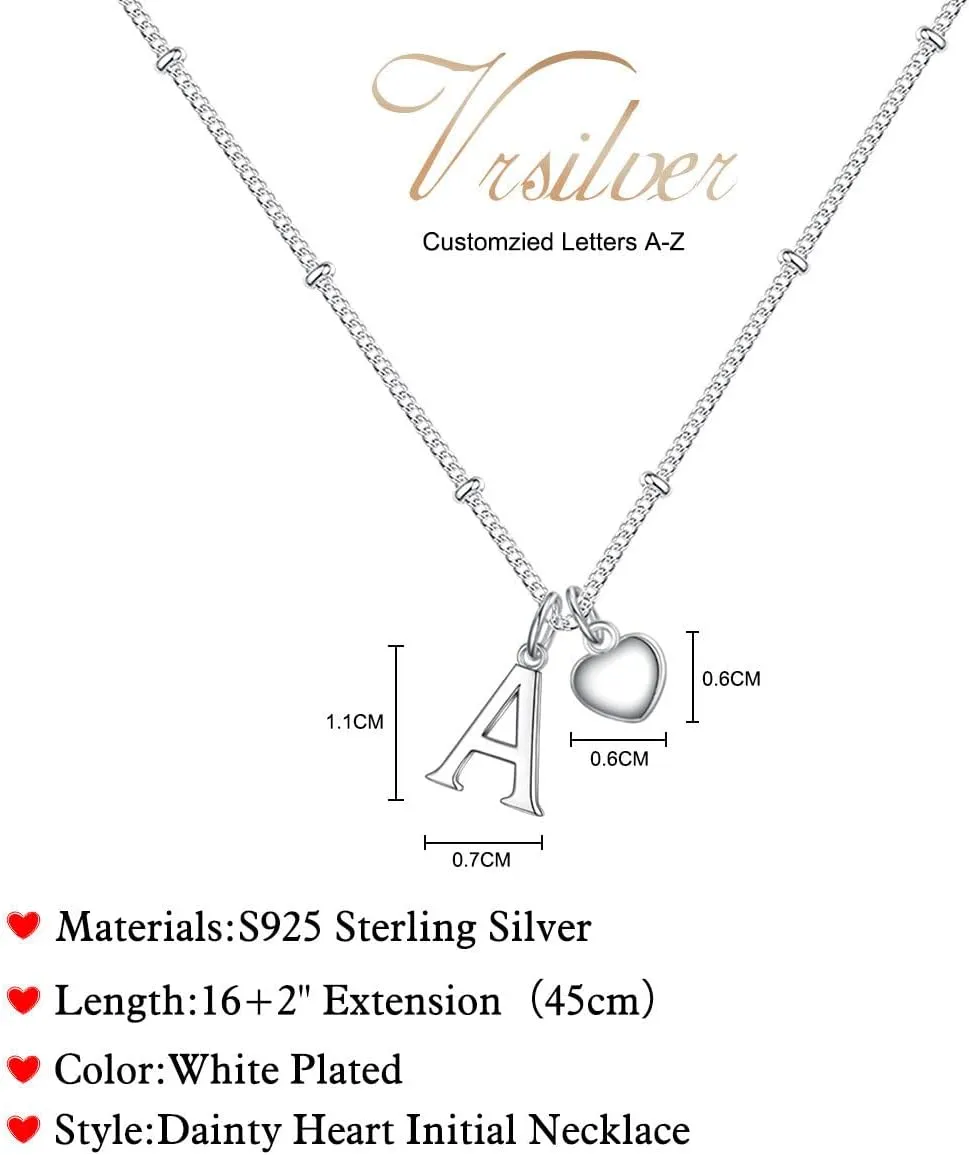 Heart Initial Necklaces for Girls - 925 Silver Necklace for Women Teen Girl Gifts Dainty Heart Pendant Silver Initial Necklaces for Women Jewelry