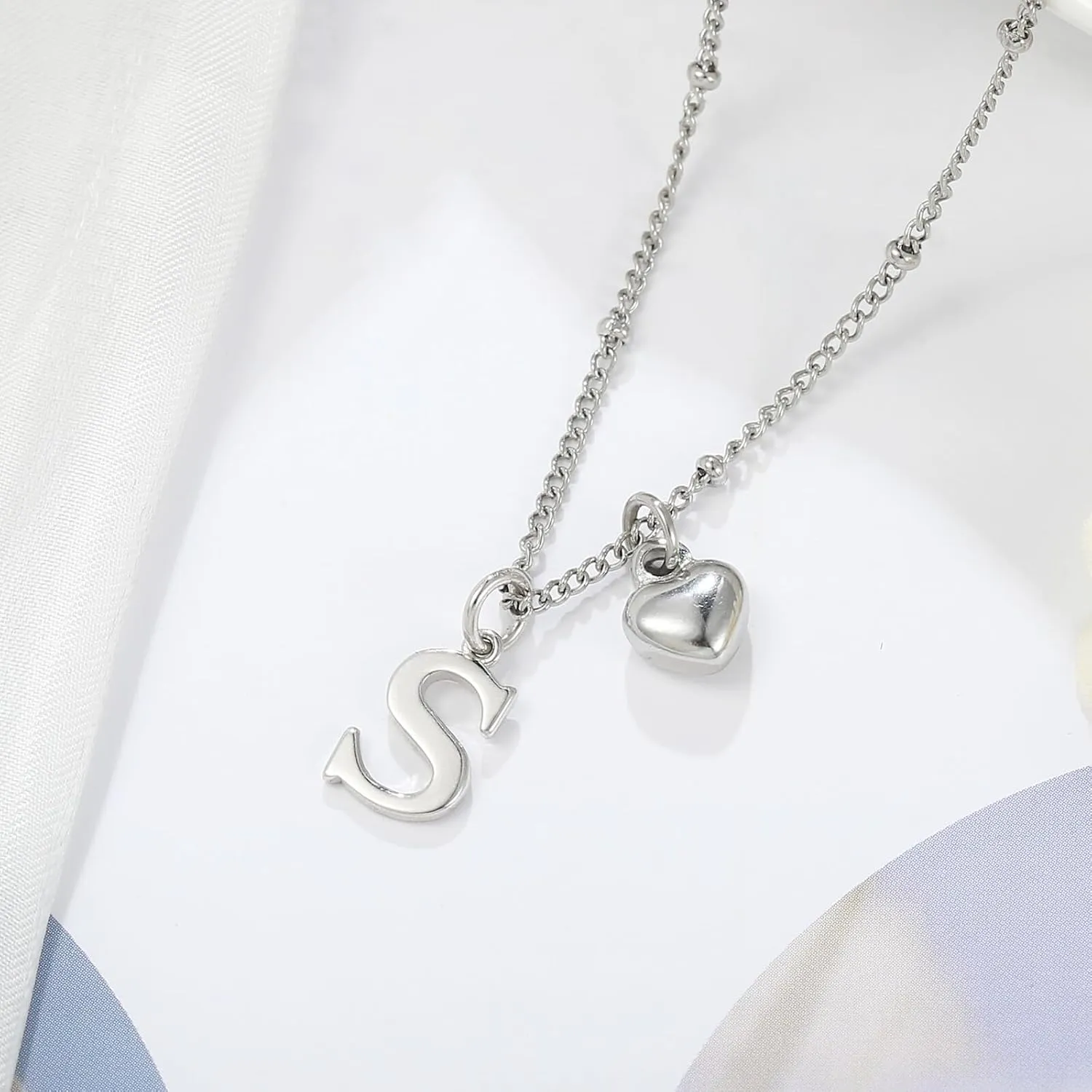 Heart Initial Necklaces for Girls - 925 Silver Necklace for Women Teen Girl Gifts Dainty Heart Pendant Silver Initial Necklaces for Women Jewelry