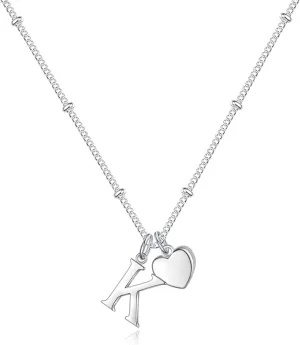 Heart Initial Necklaces for Girls - 925 Silver Necklace for Women Teen Girl Gifts Dainty Heart Pendant Silver Initial Necklaces for Women Jewelry