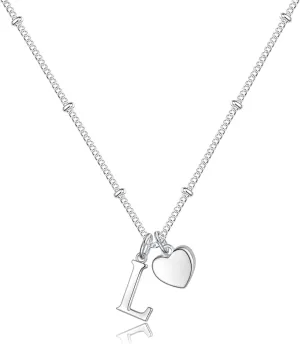 Heart Initial Necklaces for Girls - 925 Silver Necklace for Women Teen Girl Gifts Dainty Heart Pendant Silver Initial Necklaces for Women Jewelry