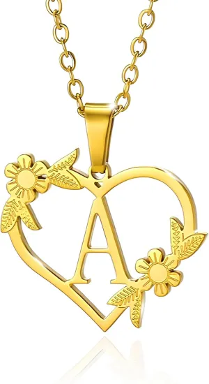 Heart Initial Necklaces for Women, 14K Gold Plated Cute Flower Heart Initial A-Z Pendant Necklace Dainty Heart Necklaces for Women Jewelry Gifts