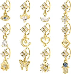 Henoyso 12 Pcs Dangle Nose Rings Hoops Heart Butterfly Cartilage Earring Cute Nose Piercing Rings Dangling Jewelry for Women Adult 20g(Classic)
