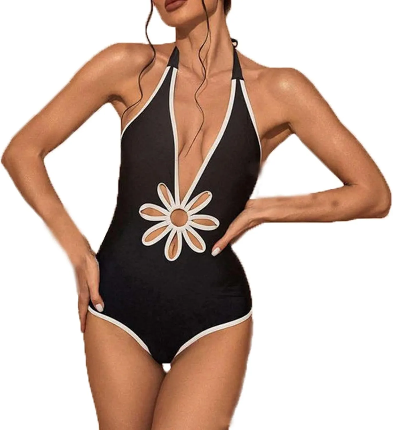 HGps8w Womens Cutout Flower One Piece Swimsuit Sexy Halter V Neck Tummy Control Bathing Suits Slimming Swimwear