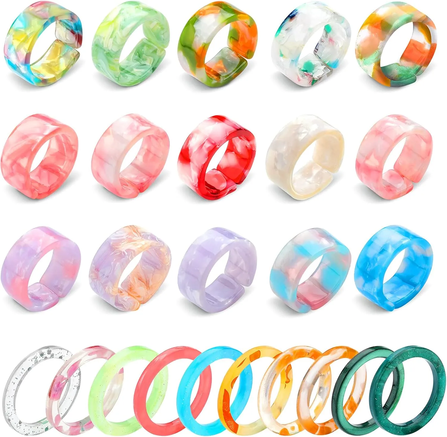 Hicarer 25 Pieces Colorful Resin Rings Set Acrylic Plastic Thin Open Adjustable Band Rings Retro Aesthetic Christmas Valentine Birthday Party Gift for Women