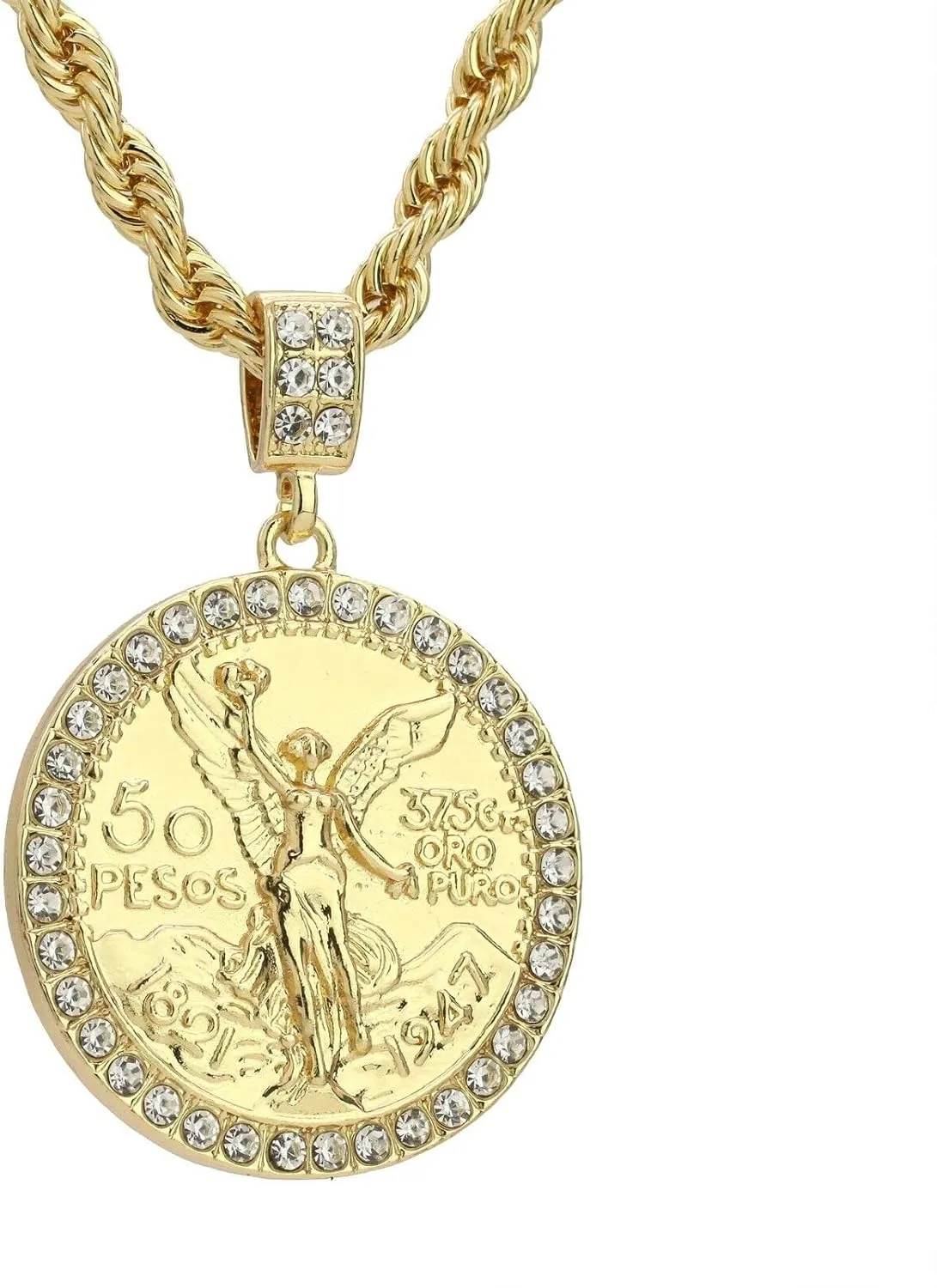 Hip Hop Centenario 50 Pesos Pendant Iced Cubic Zirconia 4mm 24" Rope Chain 14k Gold Plated Necklace