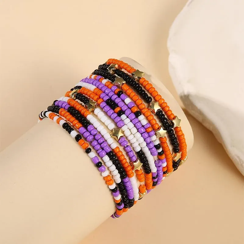Holiday Beaded Stretch Bracelets Festival Pony Beads Stackable Bracelets Multilayer Star Beads Bangle Patriot Halloween Thanksgiving ChirstmasThemed Color Boho Bracelets Holiday Party Jewelry