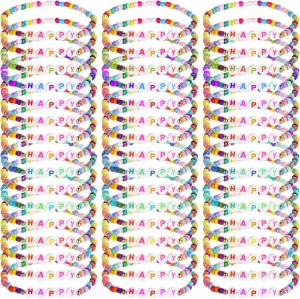 Homaisson 100 Pcs Beaded Friendship Bracelets, Motivational Acrylic Stretch Bracelets, Cute Colorful Bracelets with Alphabet Letters, Adjustable Rainbow Jewelry for Adults, Random Patterns & Colors