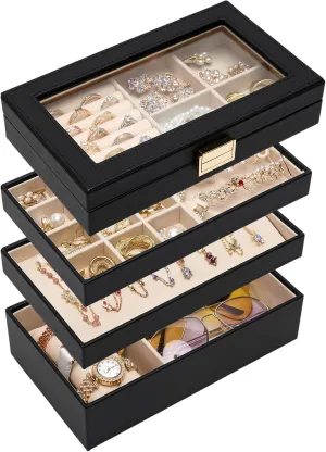 Homde Jewelry Tray Stackable Jewelry Box Drawer Organizer with Glass Lid, Removable Dividers for Vanity Table Gift Idea for Girls and Women (Black)