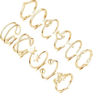 Honsny 11PCS Adjustable Stackable Rings for Women, Silver Gold Knuckle Rings Set Joint Finger Rings Pack Cute Rings for Teen Women