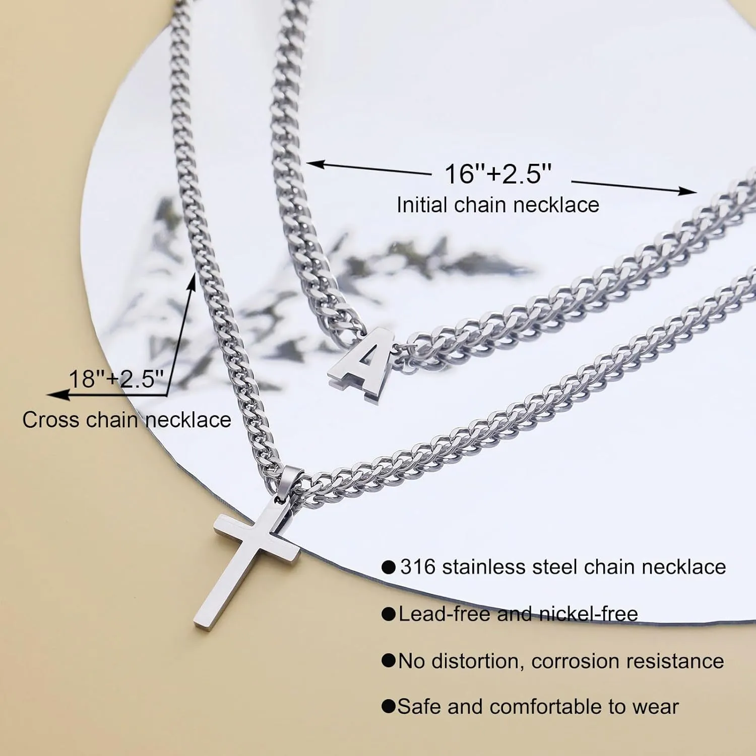 Honsny Layered Cross Initial Necklace for Men, Silver Stainless Steel Mens Cross Pendant Necklaces Letter A-Z Cuban Link Chain Necklace for Men 16/18 2 Inches Jewelry Gift