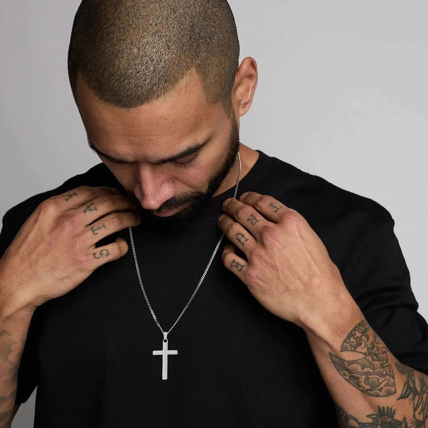 Honsny Layered Cross Initial Necklace for Men, Silver Stainless Steel Mens Cross Pendant Necklaces Letter A-Z Cuban Link Chain Necklace for Men 16/18 2 Inches Jewelry Gift