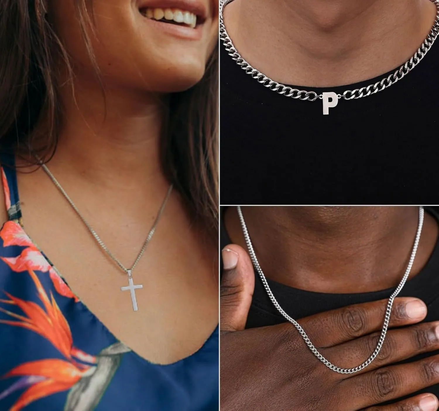 Honsny Layered Cross Initial Necklace for Men, Silver Stainless Steel Mens Cross Pendant Necklaces Letter A-Z Cuban Link Chain Necklace for Men 16/18 2 Inches Jewelry Gift