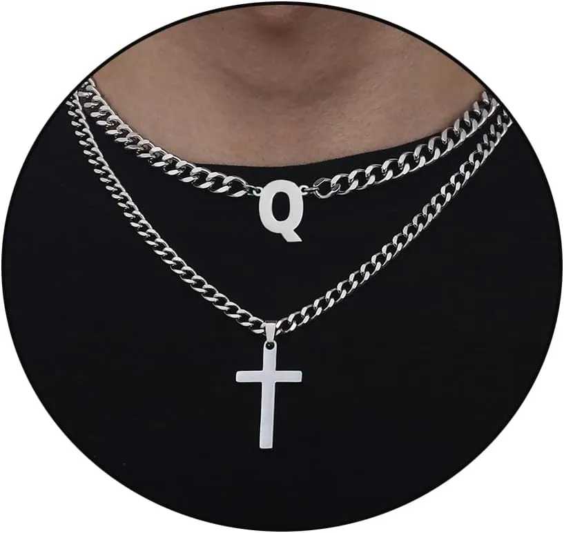 Honsny Layered Cross Initial Necklace for Men, Silver Stainless Steel Mens Cross Pendant Necklaces Letter A-Z Cuban Link Chain Necklace for Men 16/18 2 Inches Jewelry Gift