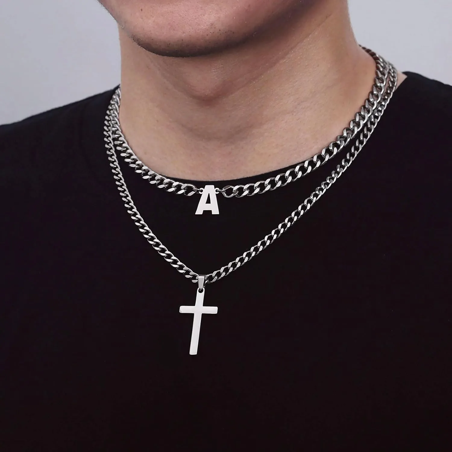 Honsny Layered Cross Initial Necklace for Men, Silver Stainless Steel Mens Cross Pendant Necklaces Letter A-Z Cuban Link Chain Necklace for Men 16/18 2 Inches Jewelry Gift
