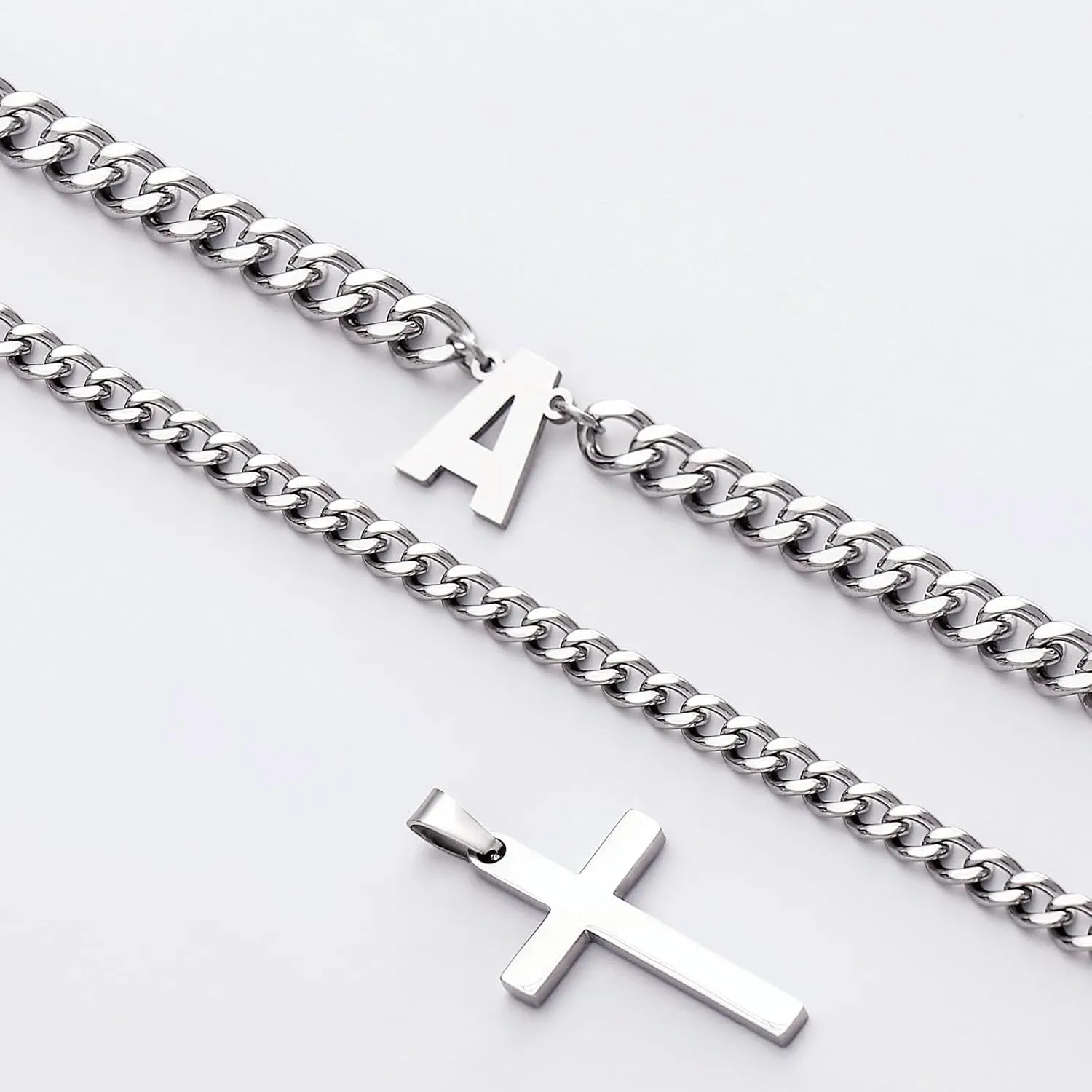 Honsny Layered Cross Initial Necklace for Men, Silver Stainless Steel Mens Cross Pendant Necklaces Letter A-Z Cuban Link Chain Necklace for Men 16/18 2 Inches Jewelry Gift