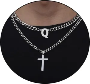 Honsny Layered Cross Initial Necklace for Men, Silver Stainless Steel Mens Cross Pendant Necklaces Letter A-Z Cuban Link Chain Necklace for Men 16/18 2 Inches Jewelry Gift
