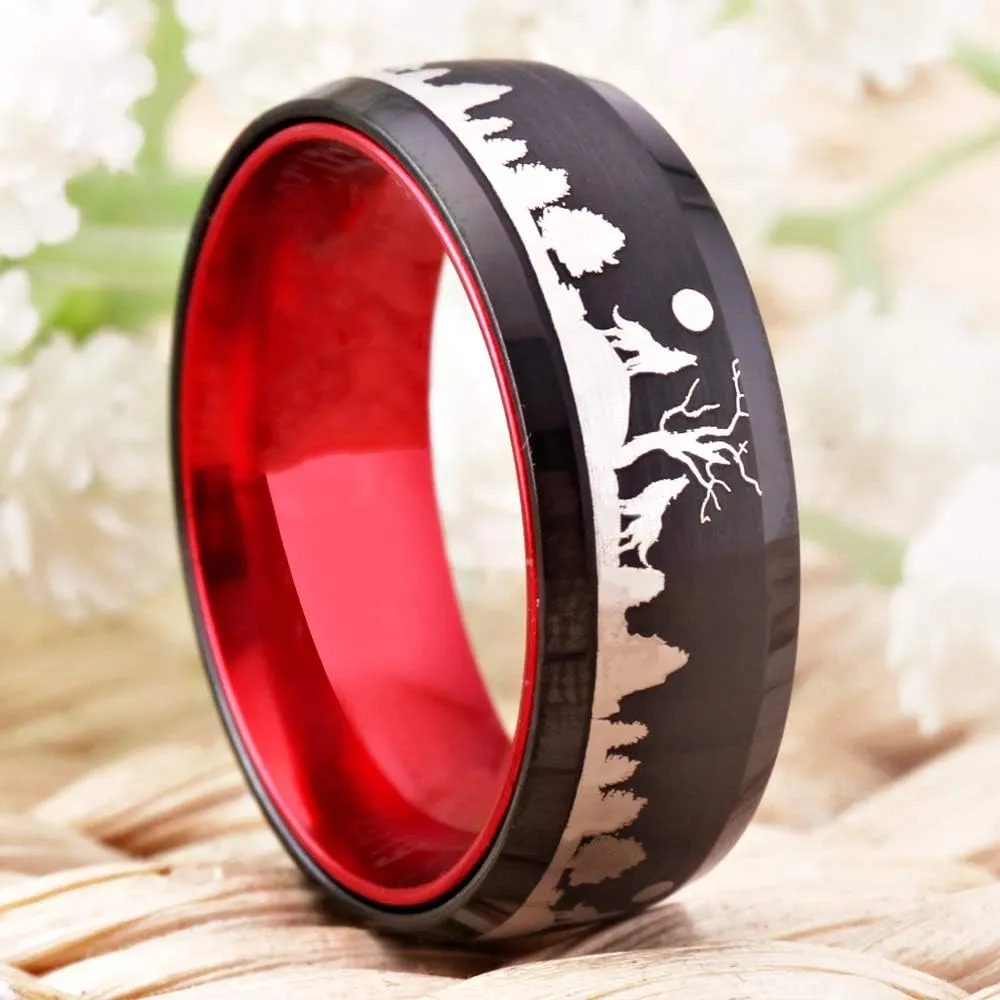 Howling Wolf Wolves Landscape Scene Tungsten Ring 8MM Width Matte Finished Beveled Edges Wedding Band -Free Customer Engraving