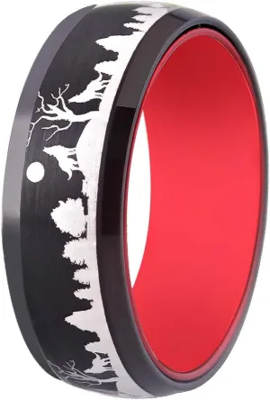 Howling Wolf Wolves Landscape Scene Tungsten Ring 8MM Width Matte Finished Beveled Edges Wedding Band -Free Customer Engraving