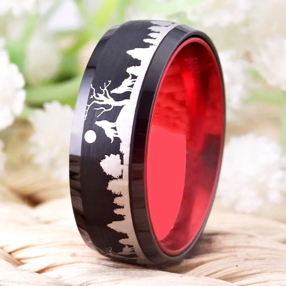 Howling Wolf Wolves Landscape Scene Tungsten Ring 8MM Width Matte Finished Beveled Edges Wedding Band -Free Customer Engraving