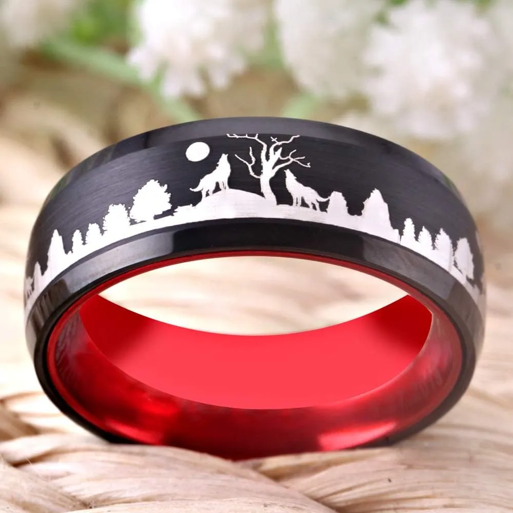 Howling Wolf Wolves Landscape Scene Tungsten Ring 8MM Width Matte Finished Beveled Edges Wedding Band -Free Customer Engraving