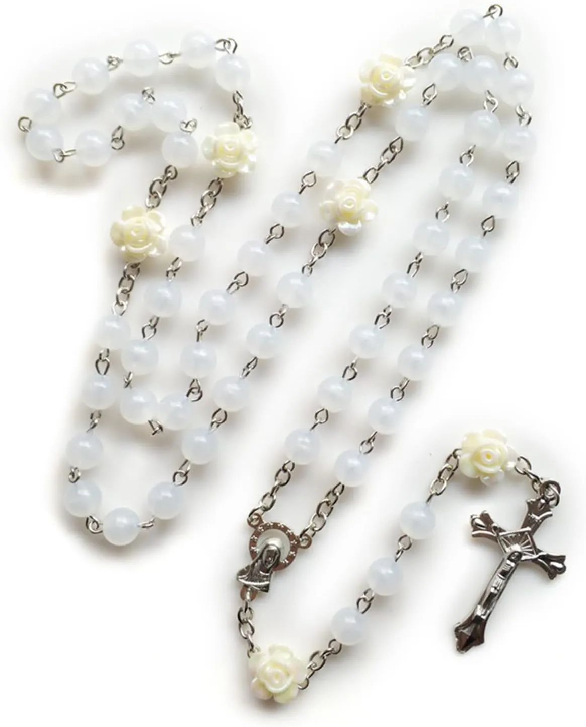 HuangJue 8mm Rosary Beads Flower Luminous Necklace With Crucifix For Cross Pendant Necklaces Glow In Dark Religious Jewelry Glow In Dark Necklaces For Women