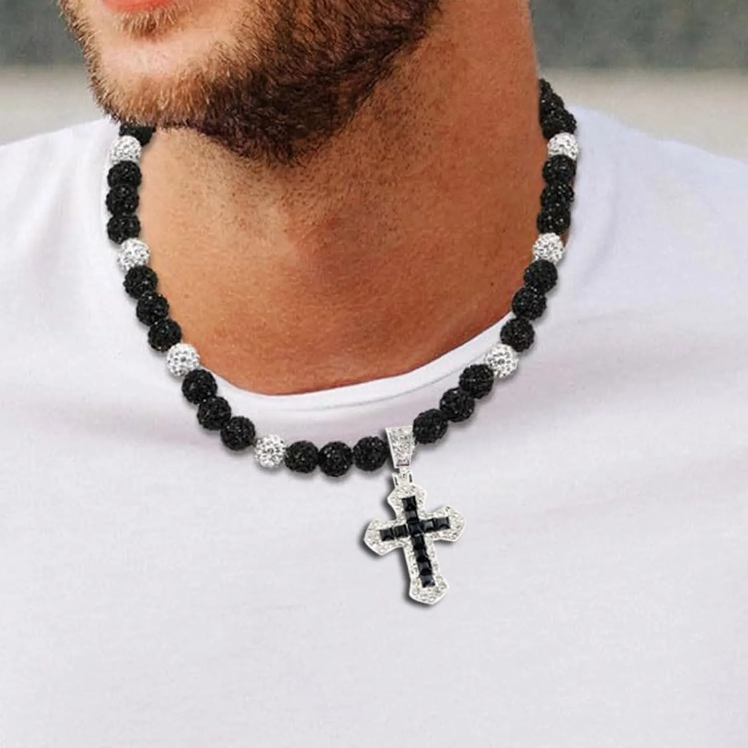 Ice Baseball Necklaces for Men Cross Pendant Necklaces Rhinestone Baseball Bead Necklace Bling Baseball Choker Necklace Discoball Necklace for Baseball Team Jewelry
