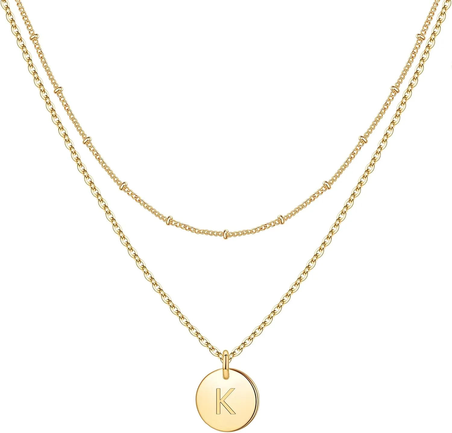 IEFWELL Initial Necklaces for Women Girls - Gold Silver Rose Gold Double Side Engraved Hammered Coin Necklaces, Layered Necklace Jewelry Pendant for Teen Girls