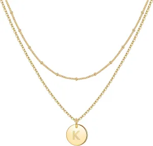 IEFWELL Initial Necklaces for Women Girls - Gold Silver Rose Gold Double Side Engraved Hammered Coin Necklaces, Layered Necklace Jewelry Pendant for Teen Girls