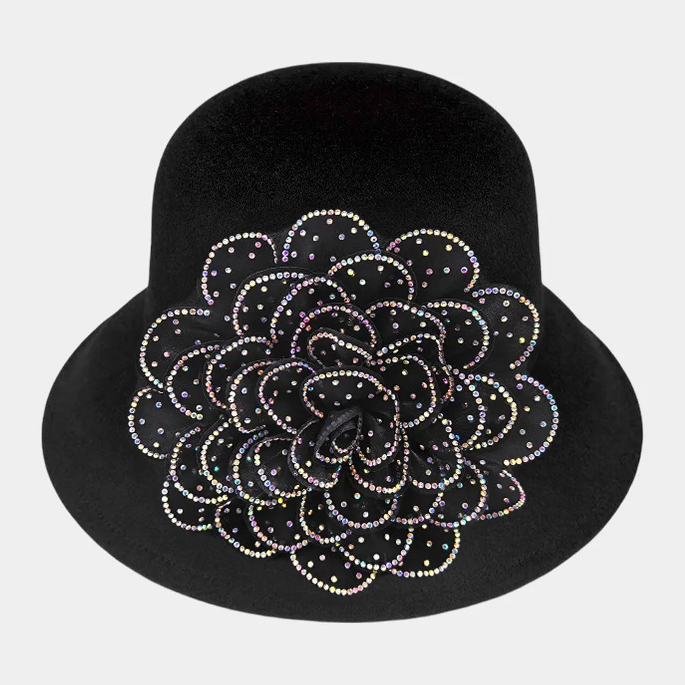 iLLASPARKZ Bling Studded Flower Felt Wedding Jazz Church Bucket Hat