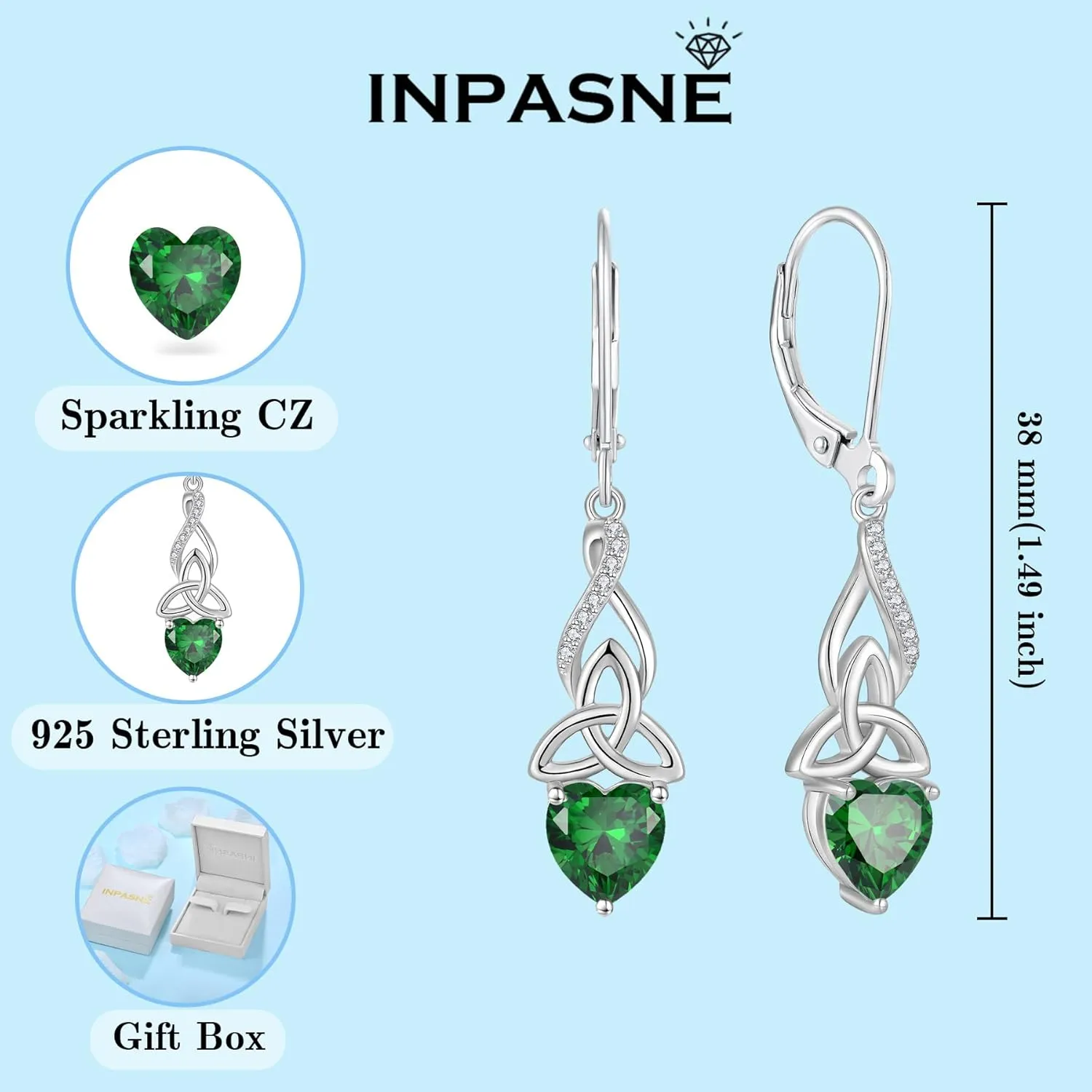 Infinity Celtic Knot Earrings for Women 925 Sterling Silver Dangle Drop Leverback Earirngs with Birthstone Irish Good Luck Jewelry Gifts for Her