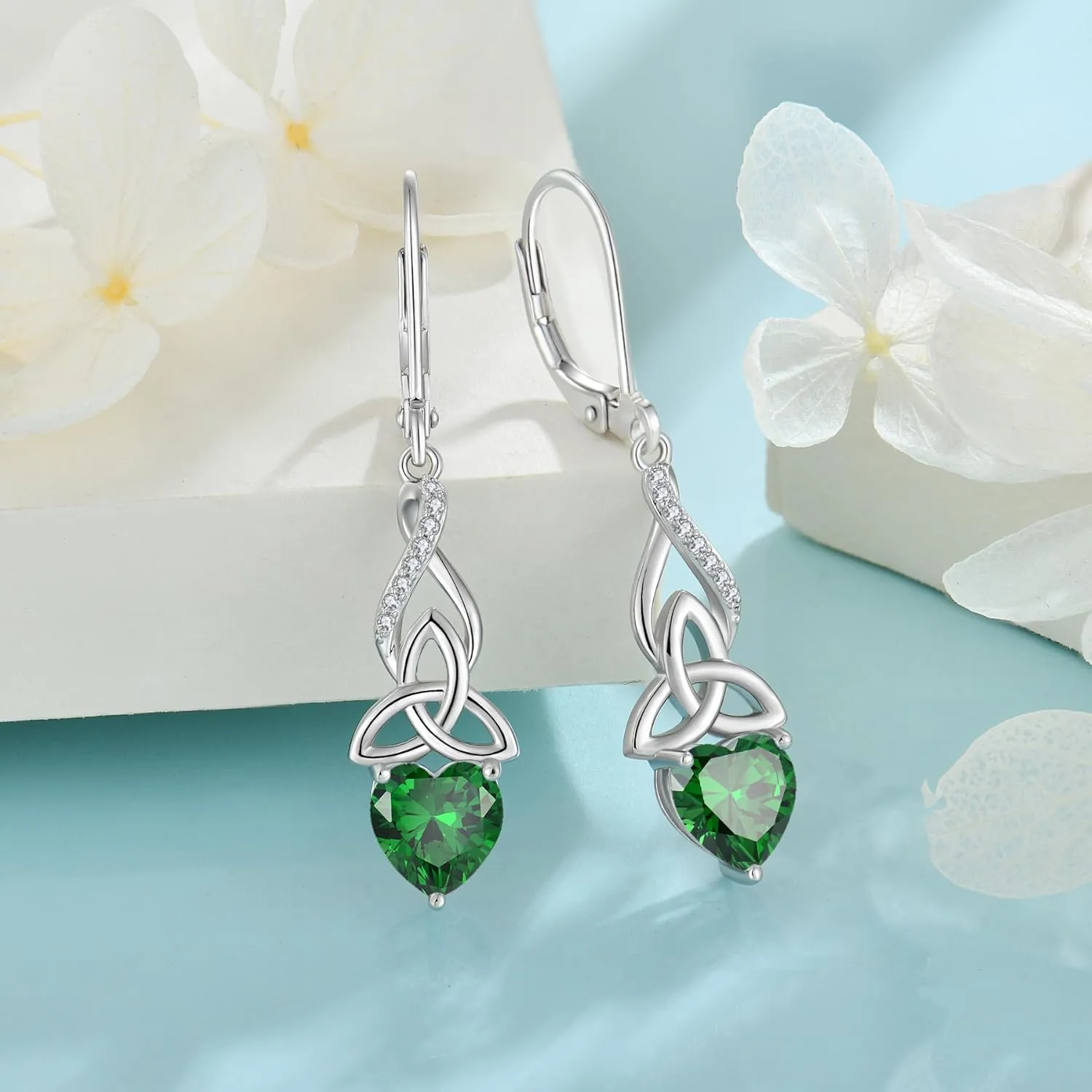 Infinity Celtic Knot Earrings for Women 925 Sterling Silver Dangle Drop Leverback Earirngs with Birthstone Irish Good Luck Jewelry Gifts for Her