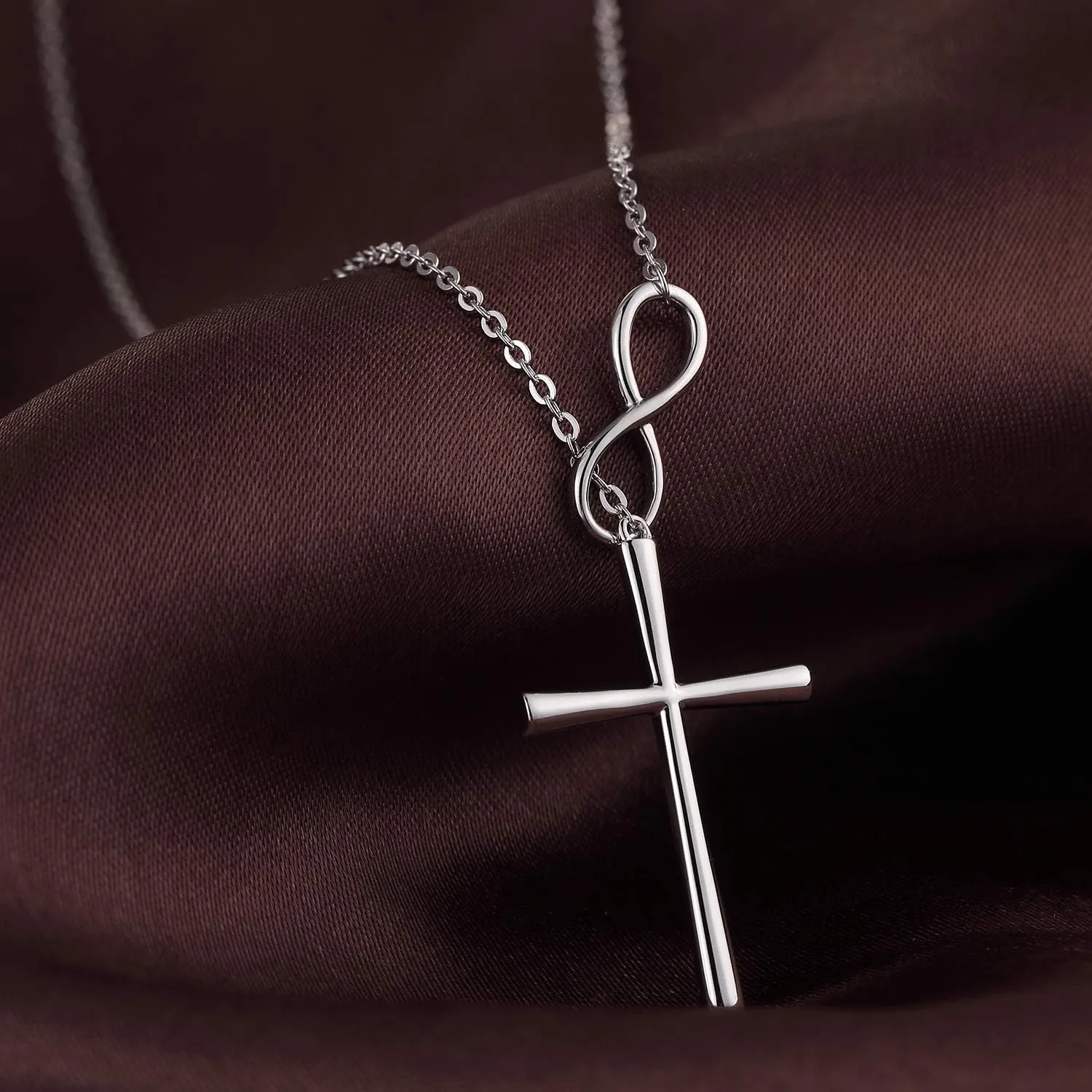 Infinity Cross Necklace 925 Sterling Silver Cubic Zirconia Diamond Cross Necklace Pendant for Women Infinite Cross Jewelry Chain 48cm
