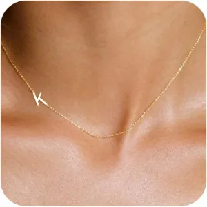 Initial Necklaces for Women, Dainty Gold Letter Necklace 14k Gold Plated Sideways Initial Necklace Cute Name Simple Choker Necklaces for Women Trendy Jewelry Gifts
