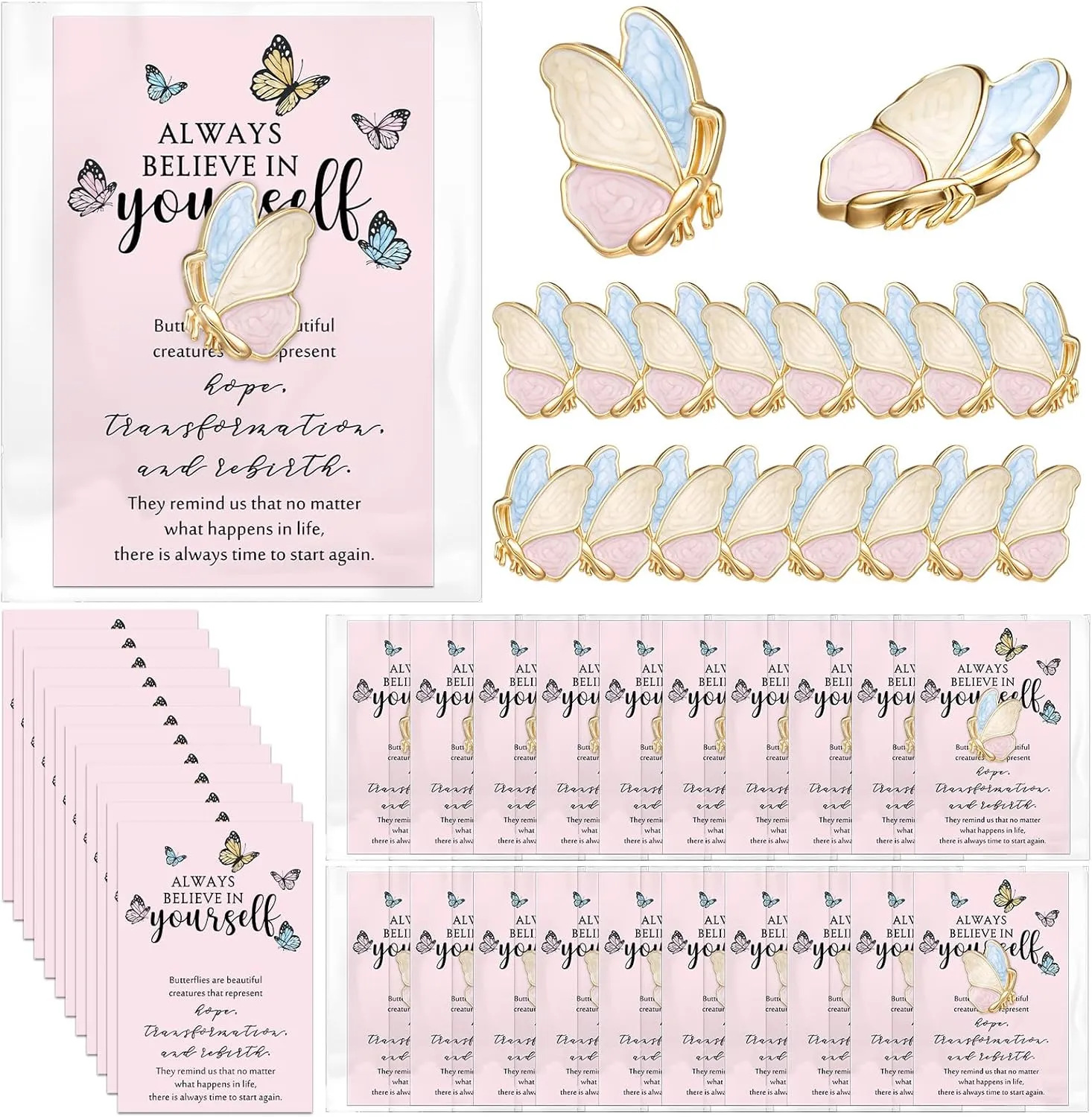 Inspirational Gifts for Women Bulk 2 Styles Butterfly Lapel Pins Butterfly Brooches Pins Motivational Cards with Opp Bags Mother's Day Gifts for Mom Teacher Nurse Coworker Team Favor