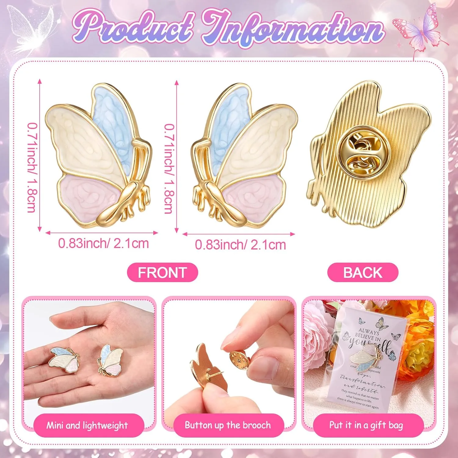 Inspirational Gifts for Women Bulk 2 Styles Butterfly Lapel Pins Butterfly Brooches Pins Motivational Cards with Opp Bags Mother's Day Gifts for Mom Teacher Nurse Coworker Team Favor