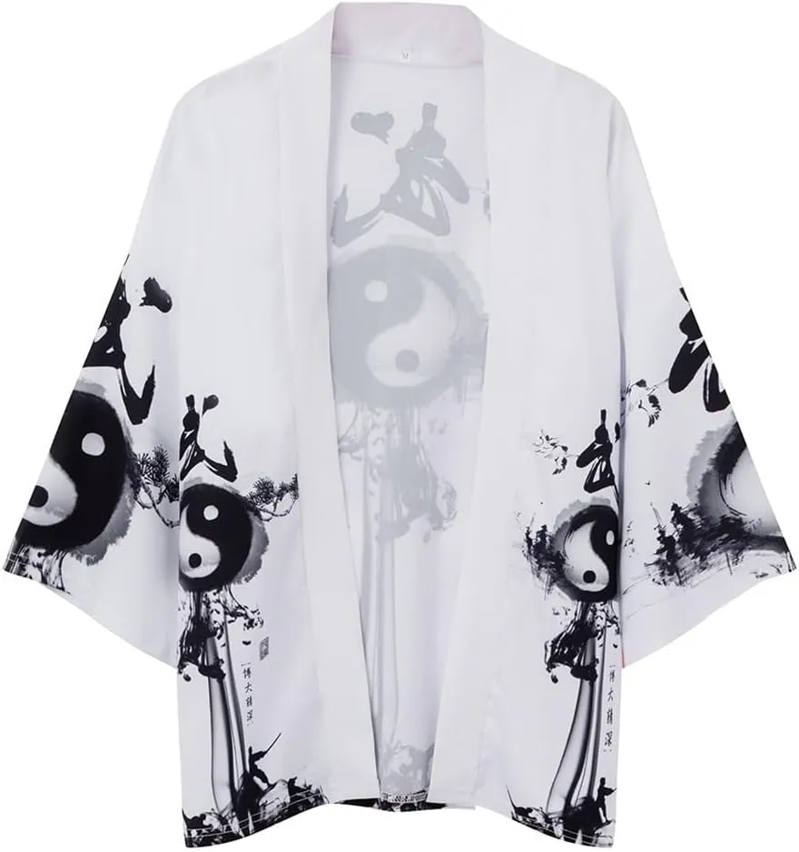 Japanese Kimonos Cardigan for Men Women Chinese Traditional Yinyang Kungfu Yukata Jacket Short Sleeve Shirt Robe