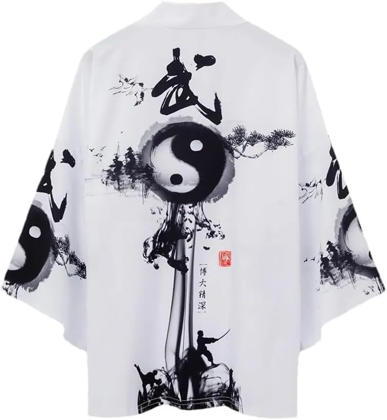 Japanese Kimonos Cardigan for Men Women Chinese Traditional Yinyang Kungfu Yukata Jacket Short Sleeve Shirt Robe