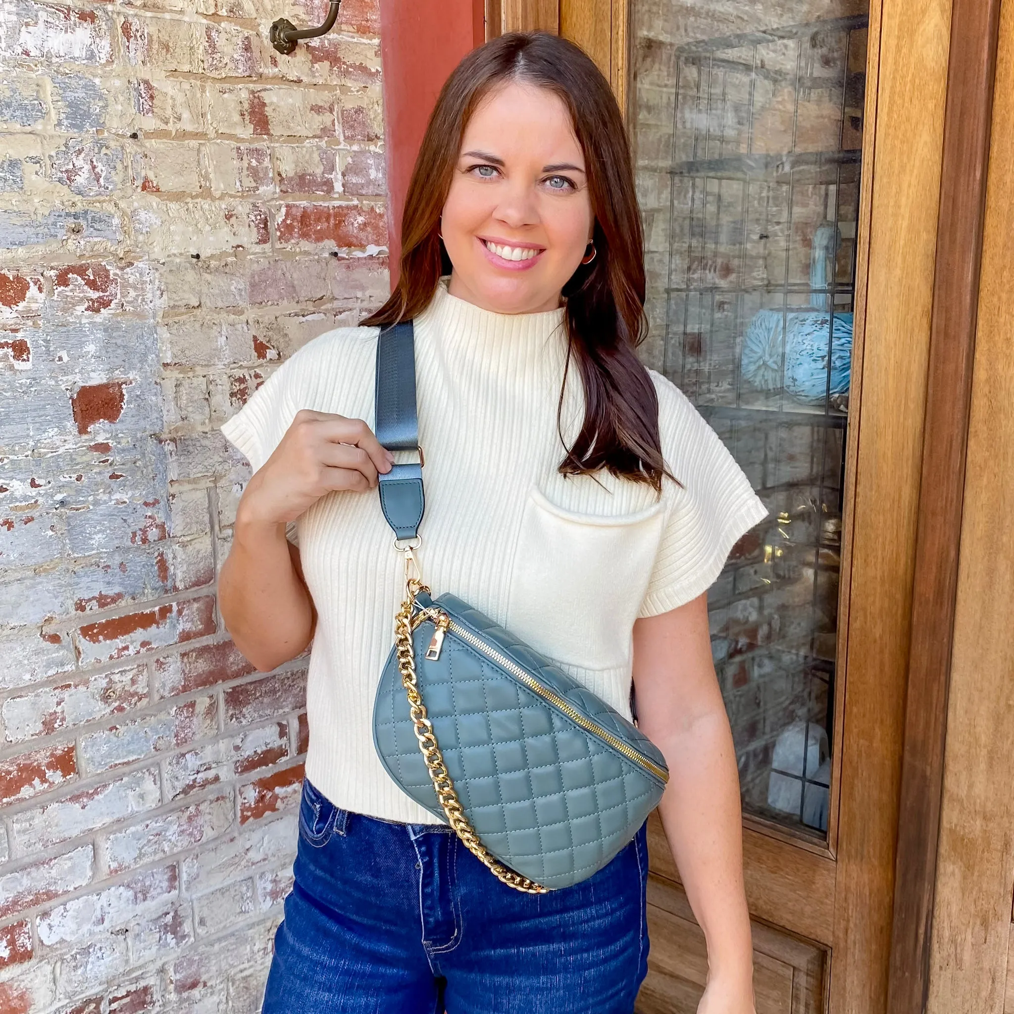 Jen & Co Sylvie Vegan Quilted Belt Bag in Vintage Green
