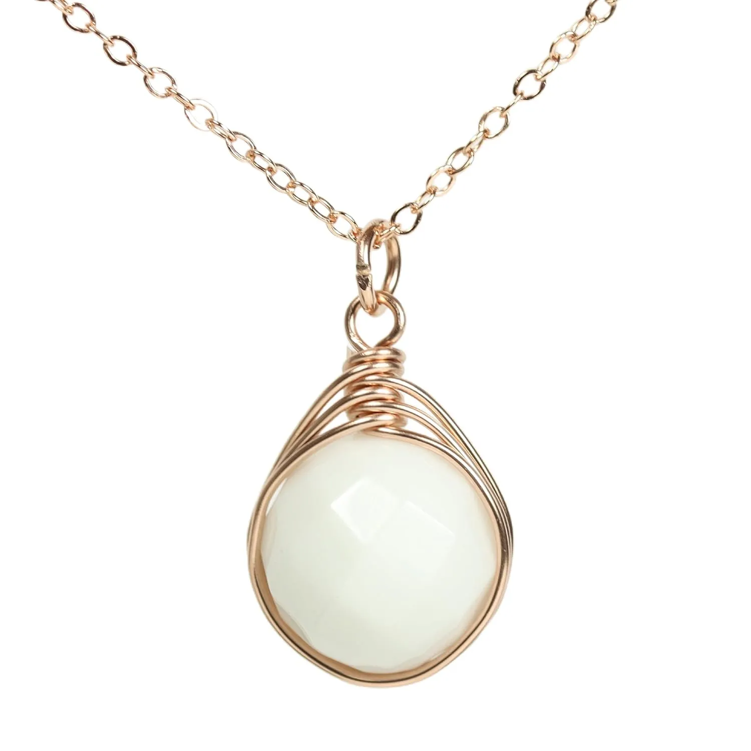 Jessica Luu Jewelry Handmade 14K Rose Gold Filled Faceted Round White Alabaster Gemstone Pendant Necklace
