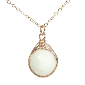 Jessica Luu Jewelry Handmade 14K Rose Gold Filled Faceted Round White Alabaster Gemstone Pendant Necklace