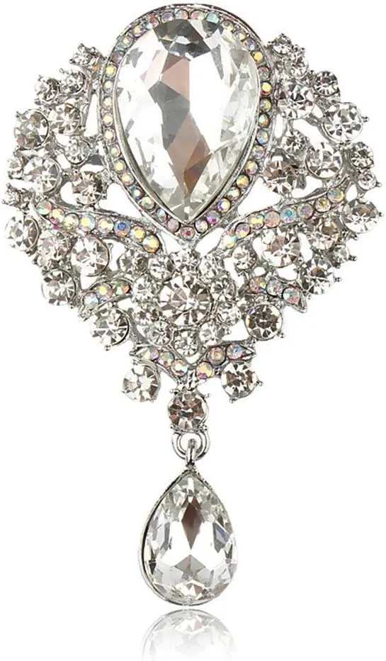 JewelBeauty Women's Crystal Silver-Tone Bouquet Flower Teardrop Large Gorgeous Bouquet Brooch Pin (silver)